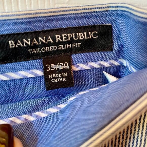 BLUE AND WHITE PINSTRIPE COTTON/LINEN TAILORED SLIM FIT by BANANA REPUBLIC 33x30 - Picture 4 of 6